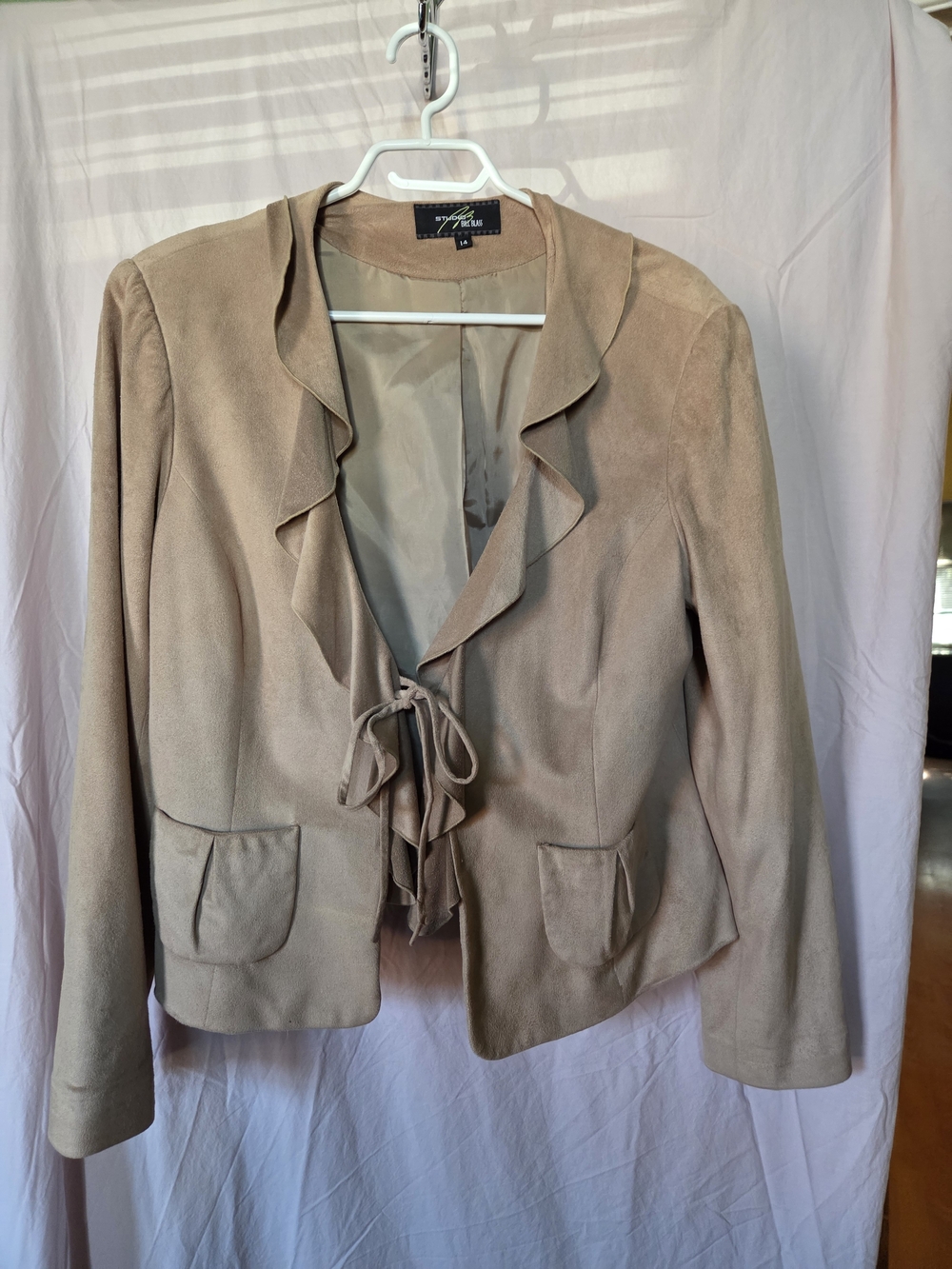 Studio Bill Blass Taupe Ruffle Tie-Front Blazer